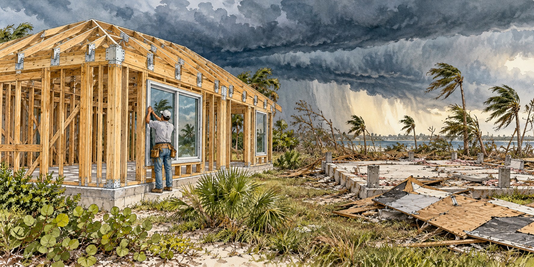 A house frame with visible roof trusses, metal hurricane straps and window openings, with a storm sky behind.
