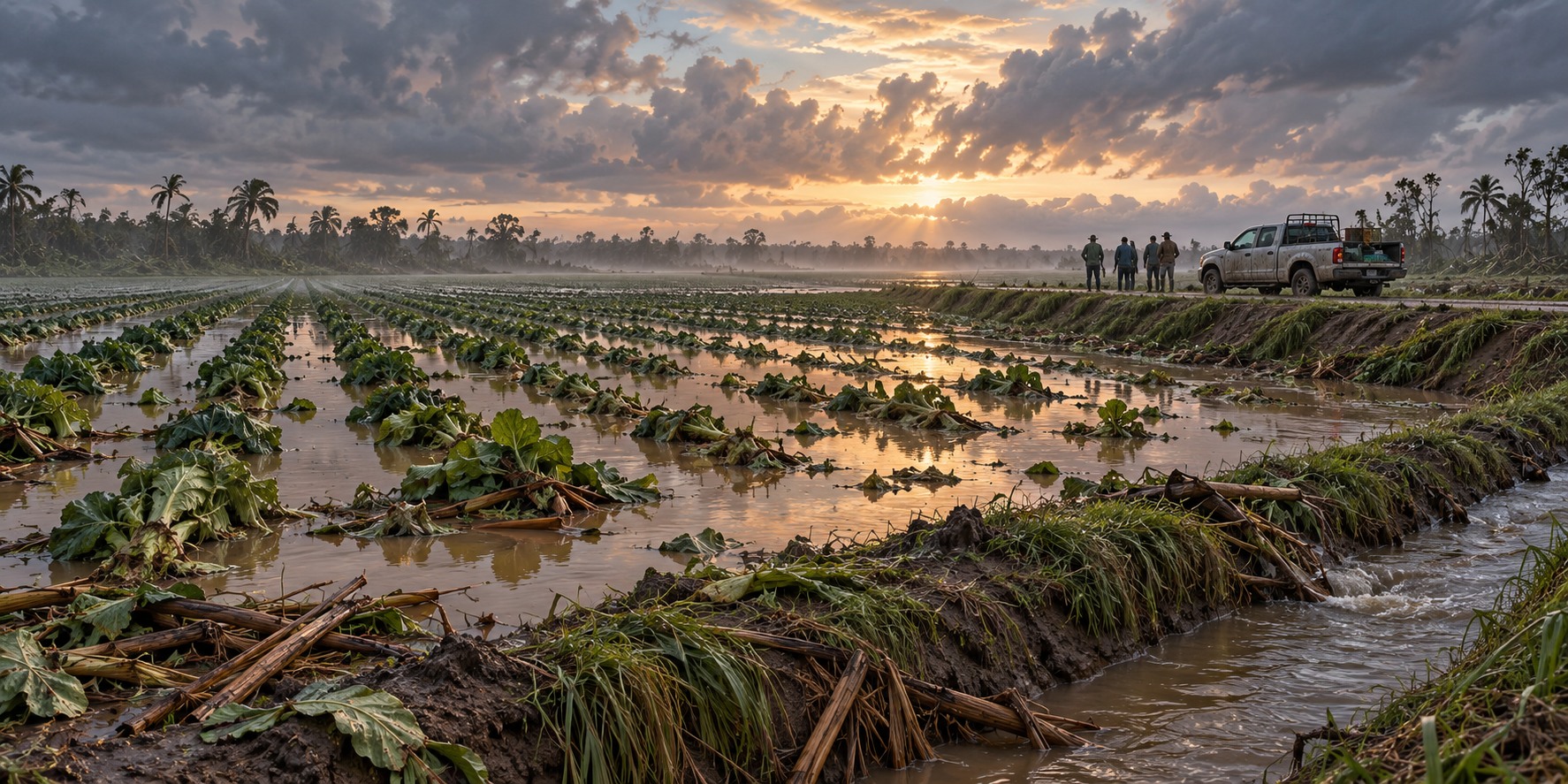 A flat Florida vegetable field under shallow standing water at dawn, a pickup truck and a small group of silhouetted figures at the field edge, tattered clouds overhead.