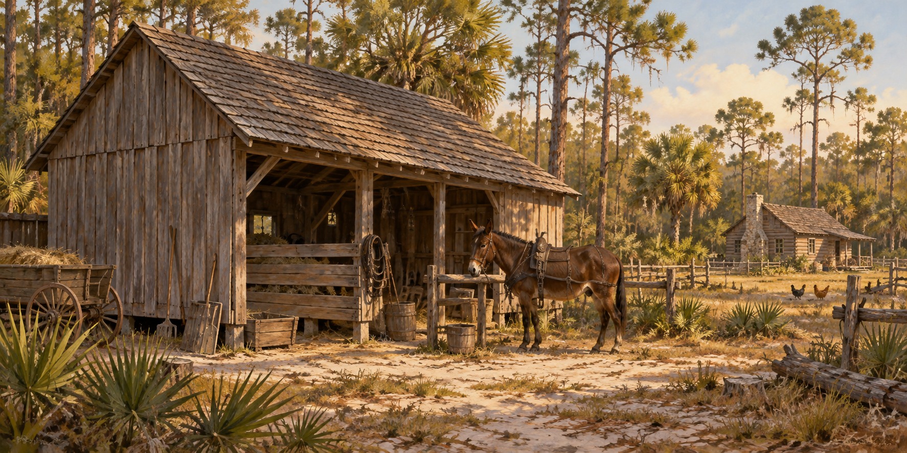 A small wooden barn with open bays shelters a mule and farm tools beside a Florida pine clearing.