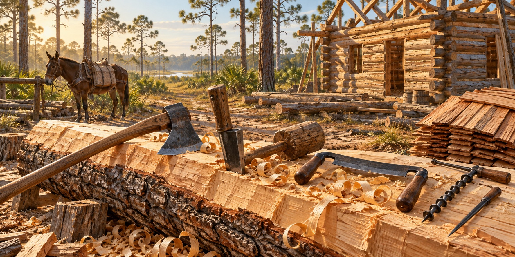 A broadaxe, froe, wooden mallet, drawknife, auger and scribe laid on a half-hewn pine log with wood shavings and a log cabin wall in the background.