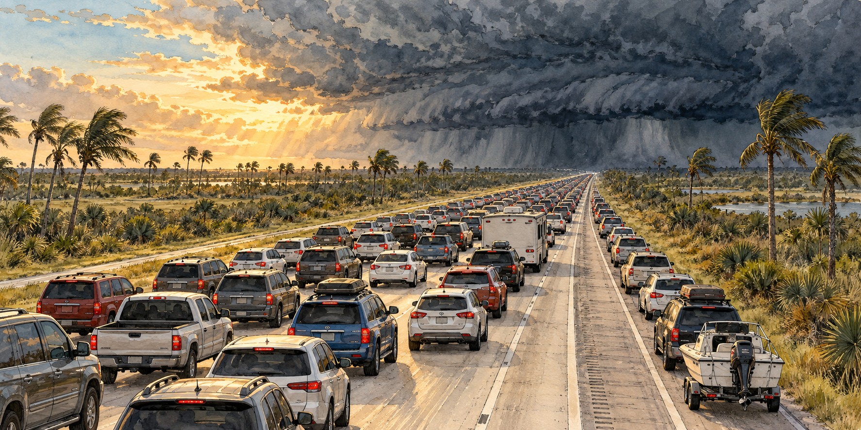 Long lines of cars on a Florida interstate, with the paved shoulder carrying an extra lane of traffic under a darkening storm sky.