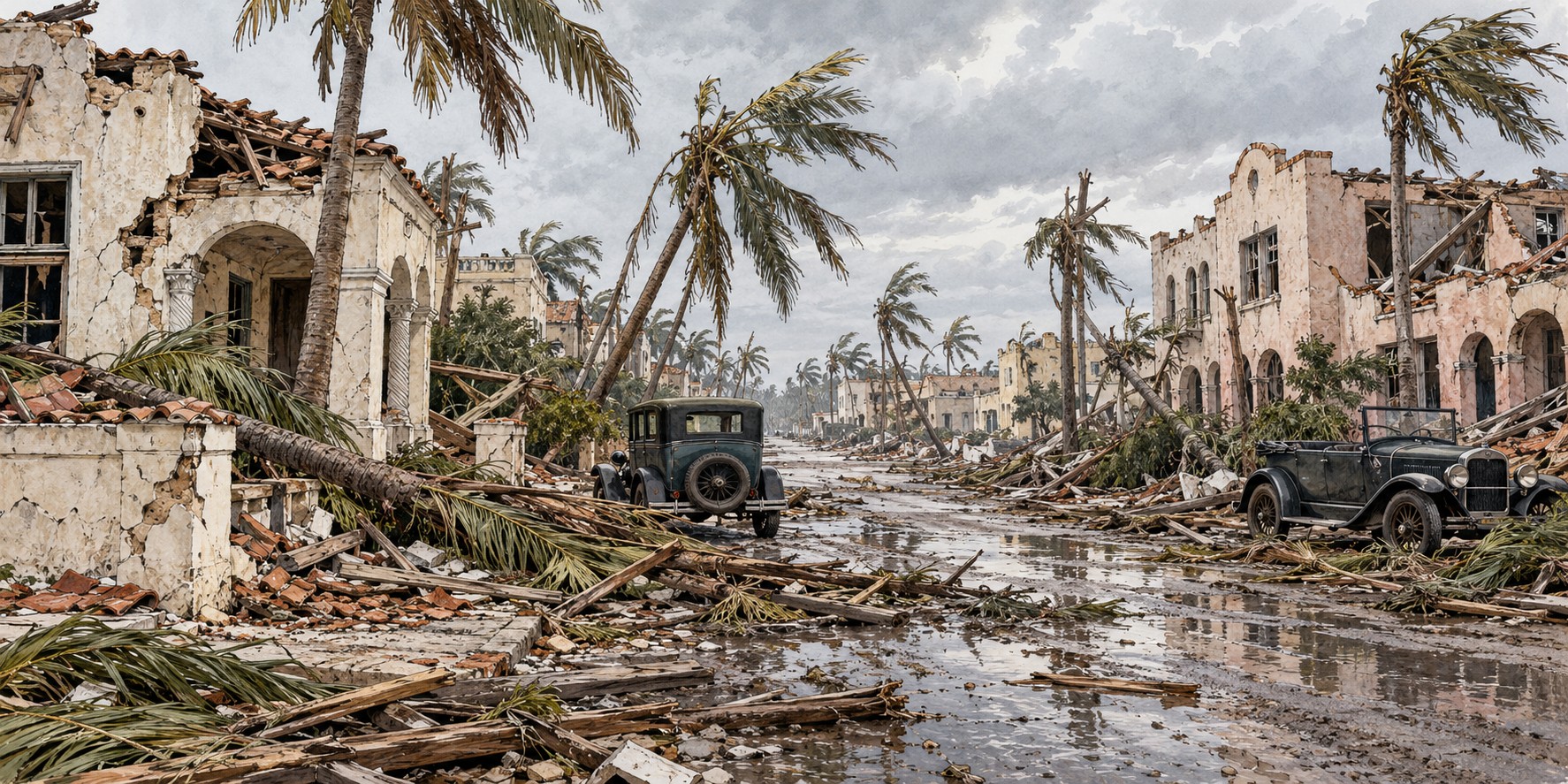 Illustration of storm-damaged 1920s Miami street
