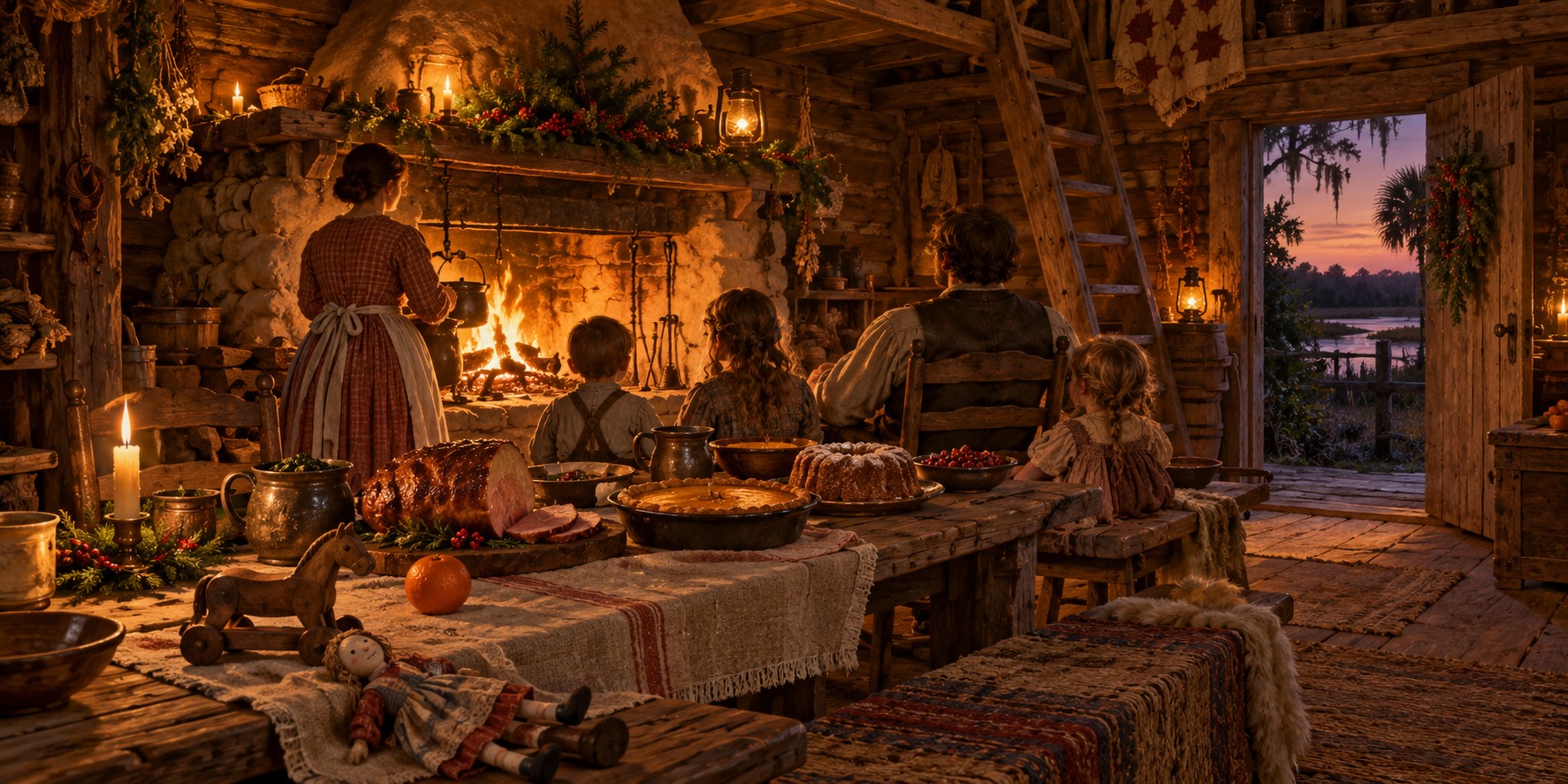 The warm interior of a log cabin at Christmas: a long table with a ham and pie, a fire in the stone hearth, and children with an orange and a small wooden toy.
