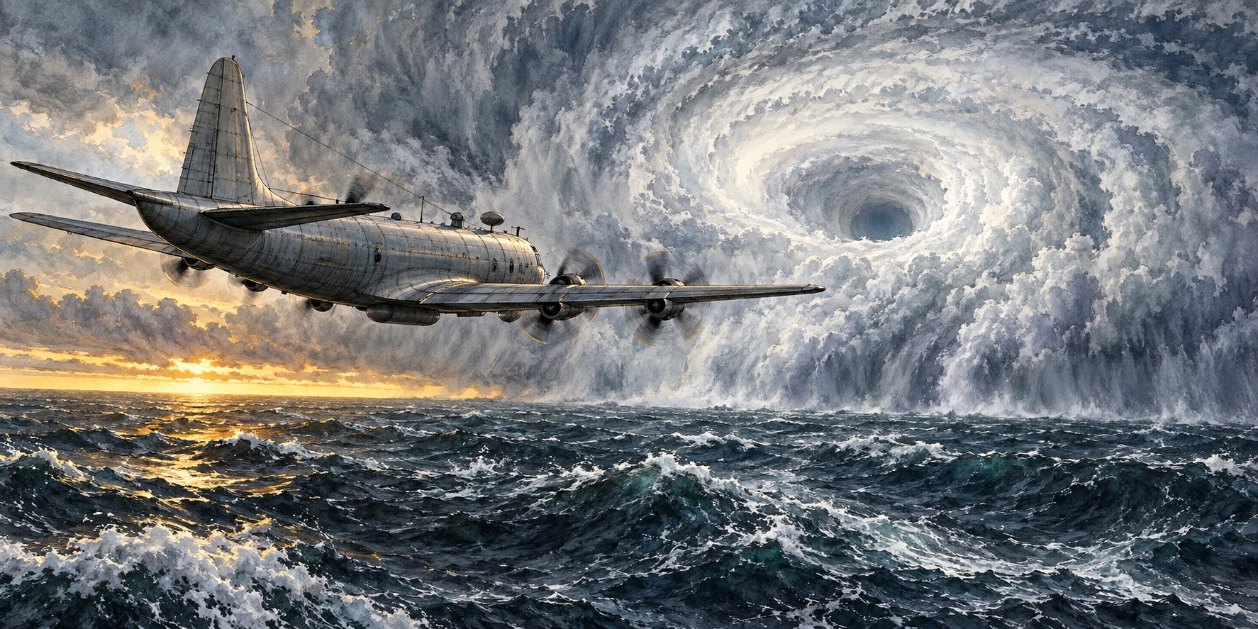 A propeller-driven reconnaissance aircraft flying toward a towering hurricane eyewall over the ocean.