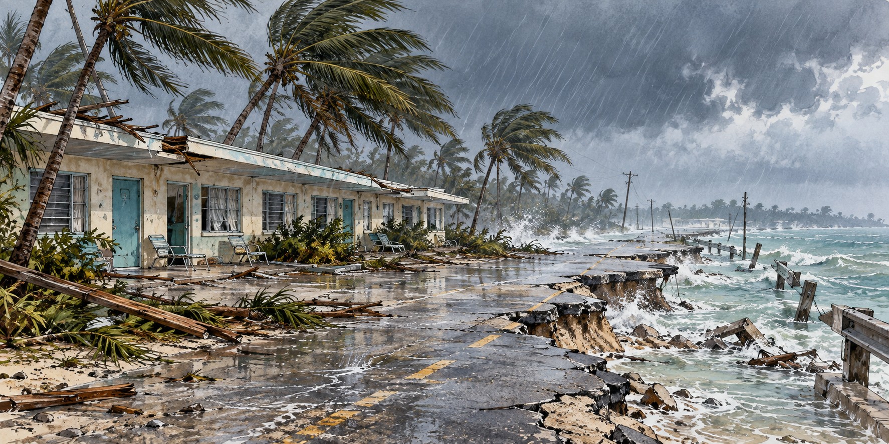 Illustration of a damaged coastal road and motel during Donna