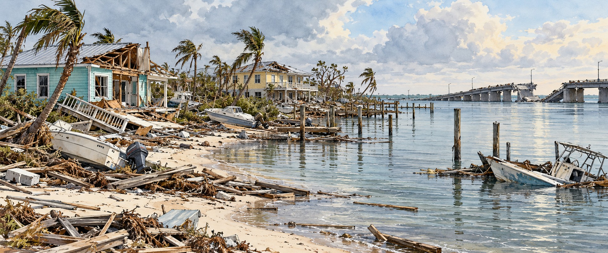 Illustration of damaged coastal homes, boats and causeway after Ian