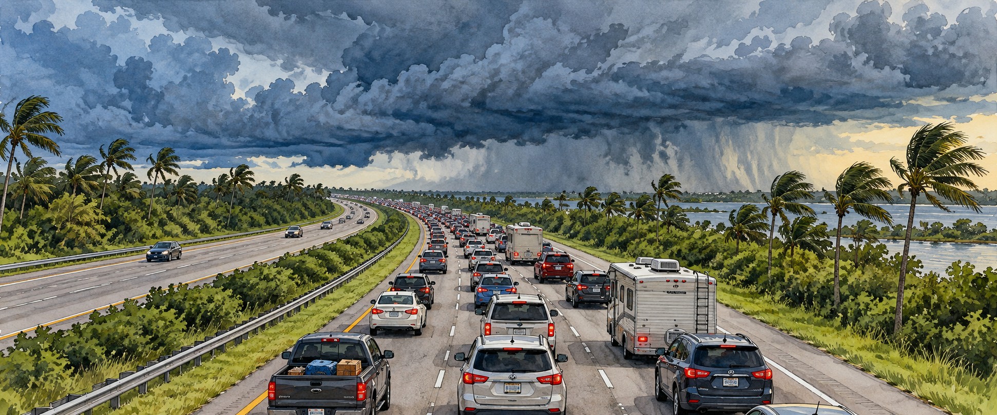 Illustration of highway traffic leaving ahead of Irma