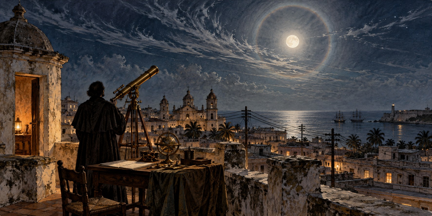 A rooftop observatory in nineteenth-century Havana at night, a halo around the moon, high thin clouds, a telegraph pole and wires leading toward the Gulf.