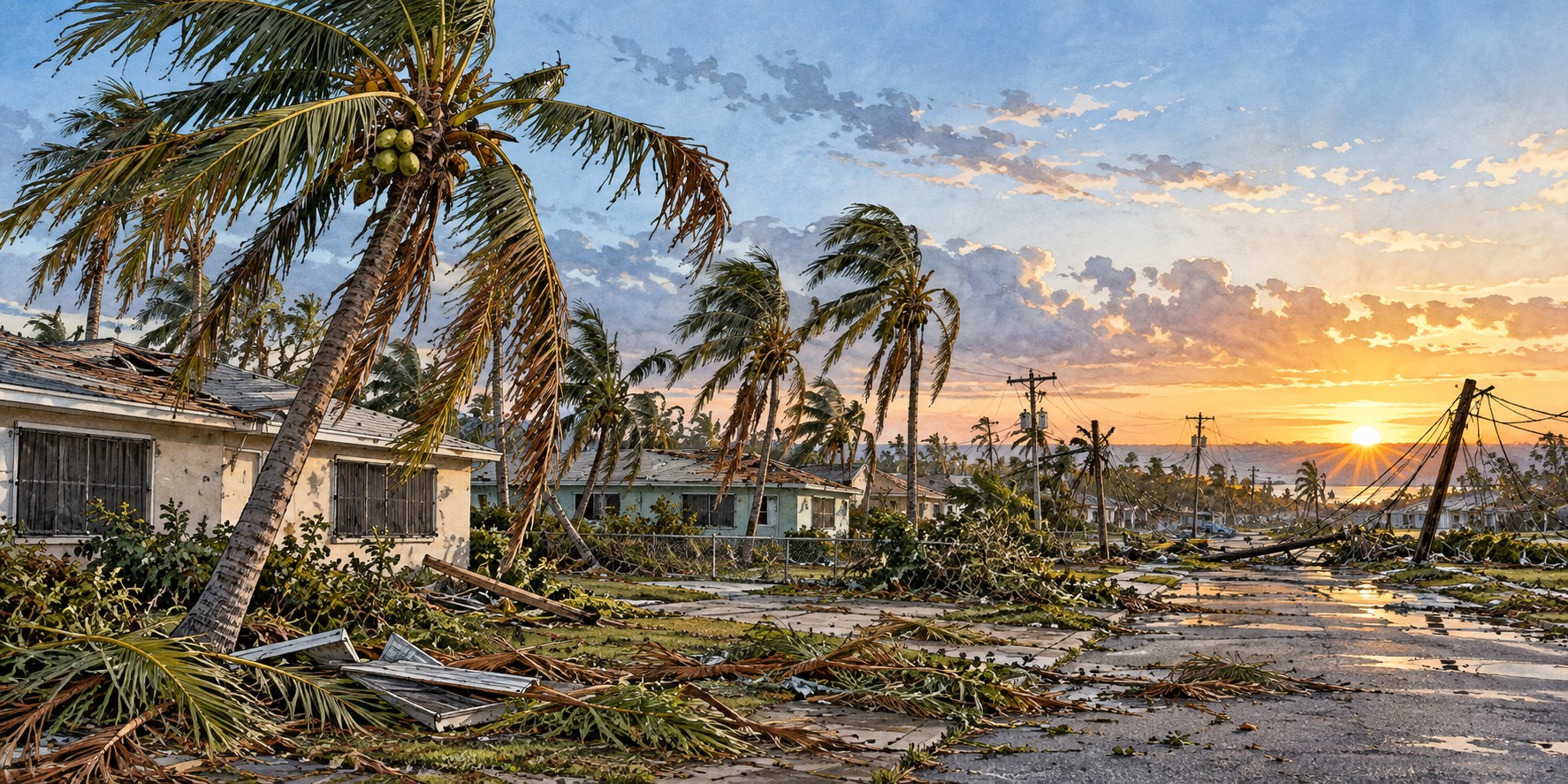 Illustration of damaged palms and utility lines after Wilma