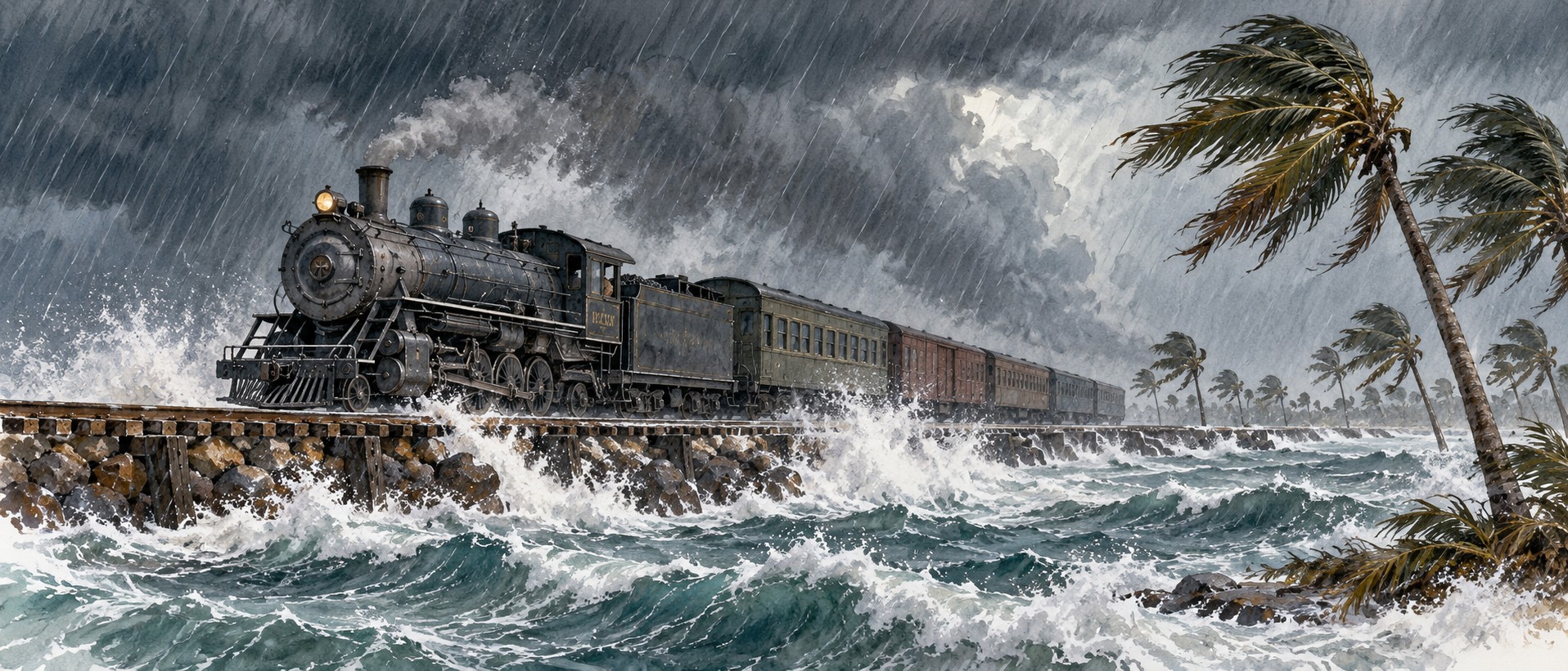 Illustration of a steam train in a hurricane in the Upper Keys
