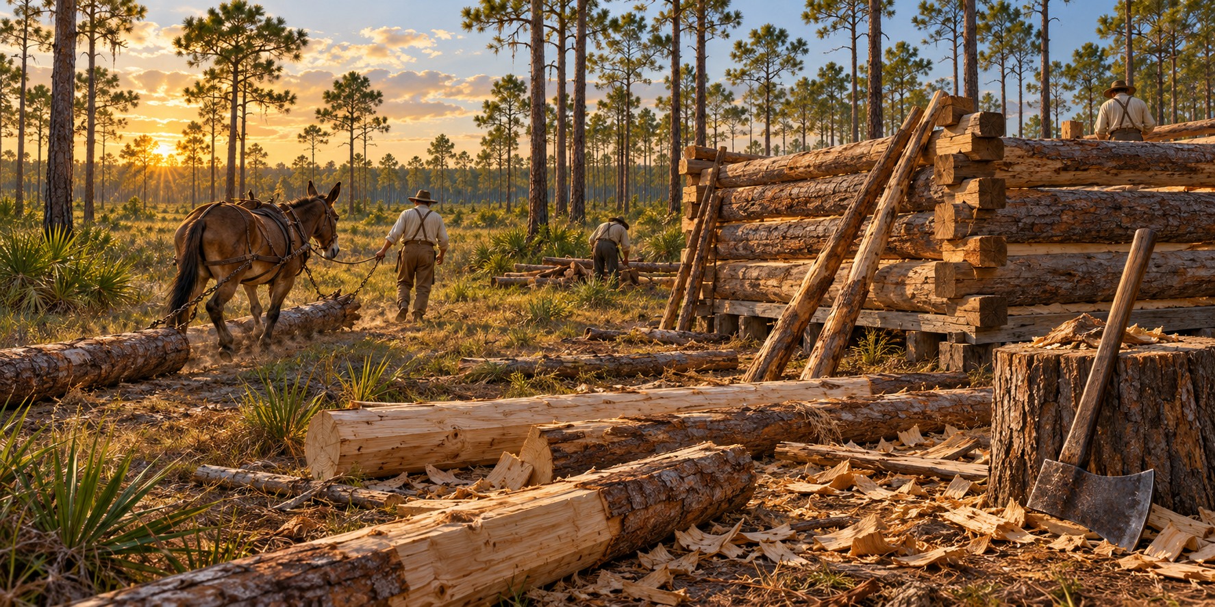 Workers and a mule move logs beside a partly raised cabin wall in Florida pine woods.