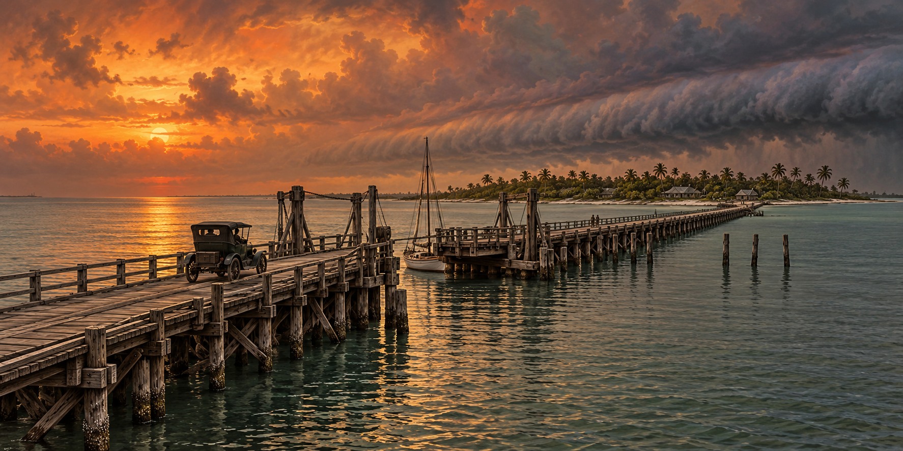 A weathered wooden causeway bridge with a turnstile span crossing a calm bay toward a low barrier island under an uneasy orange sky.