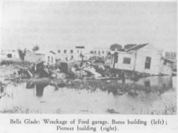 Floodwater and wrecked buildings in Belle Glade after the 1928 Okeechobee Hurricane