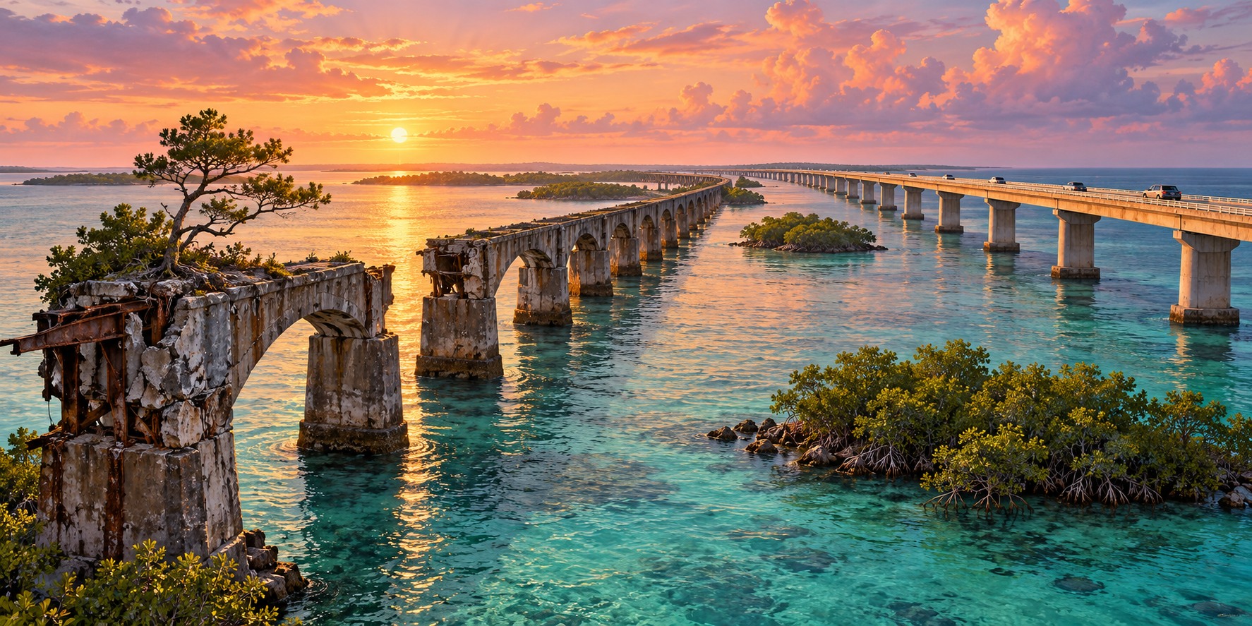 A weathered old concrete bridge with a small tree growing on it alongside a long modern bridge over turquoise water at sunrise.