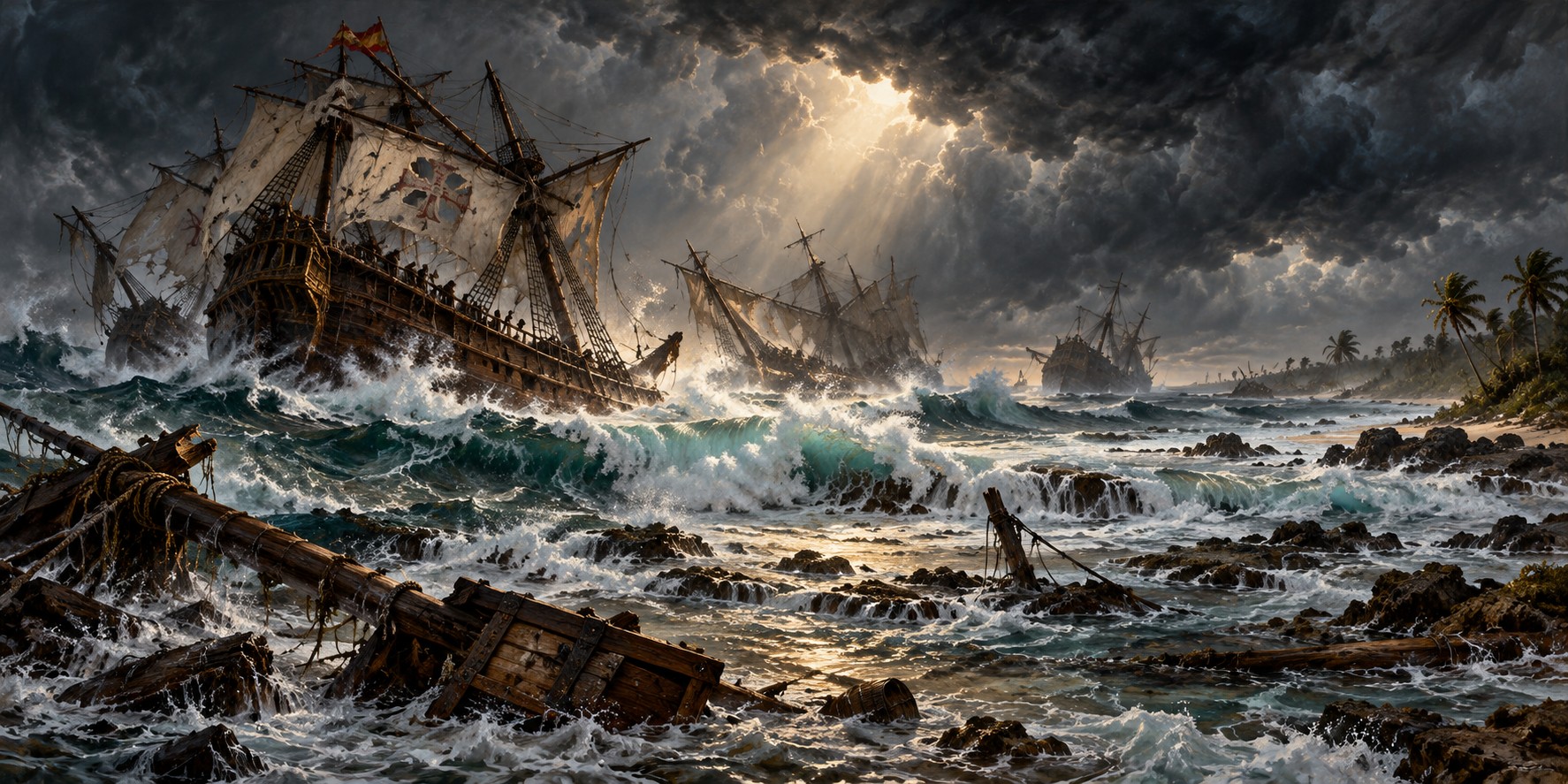 Sailing galleons with torn sails driven toward a reef-lined Florida shore under a black hurricane sky.