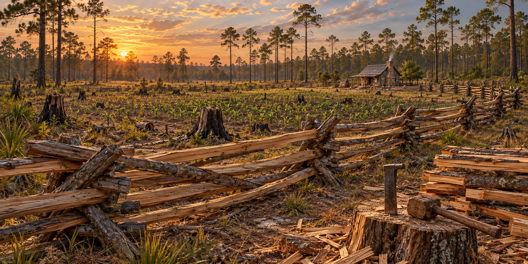 A zigzag worm fence of split pine rails enclosing a freshly cleared field, with stumps, a log cabin in the distance and longleaf pines beyond.