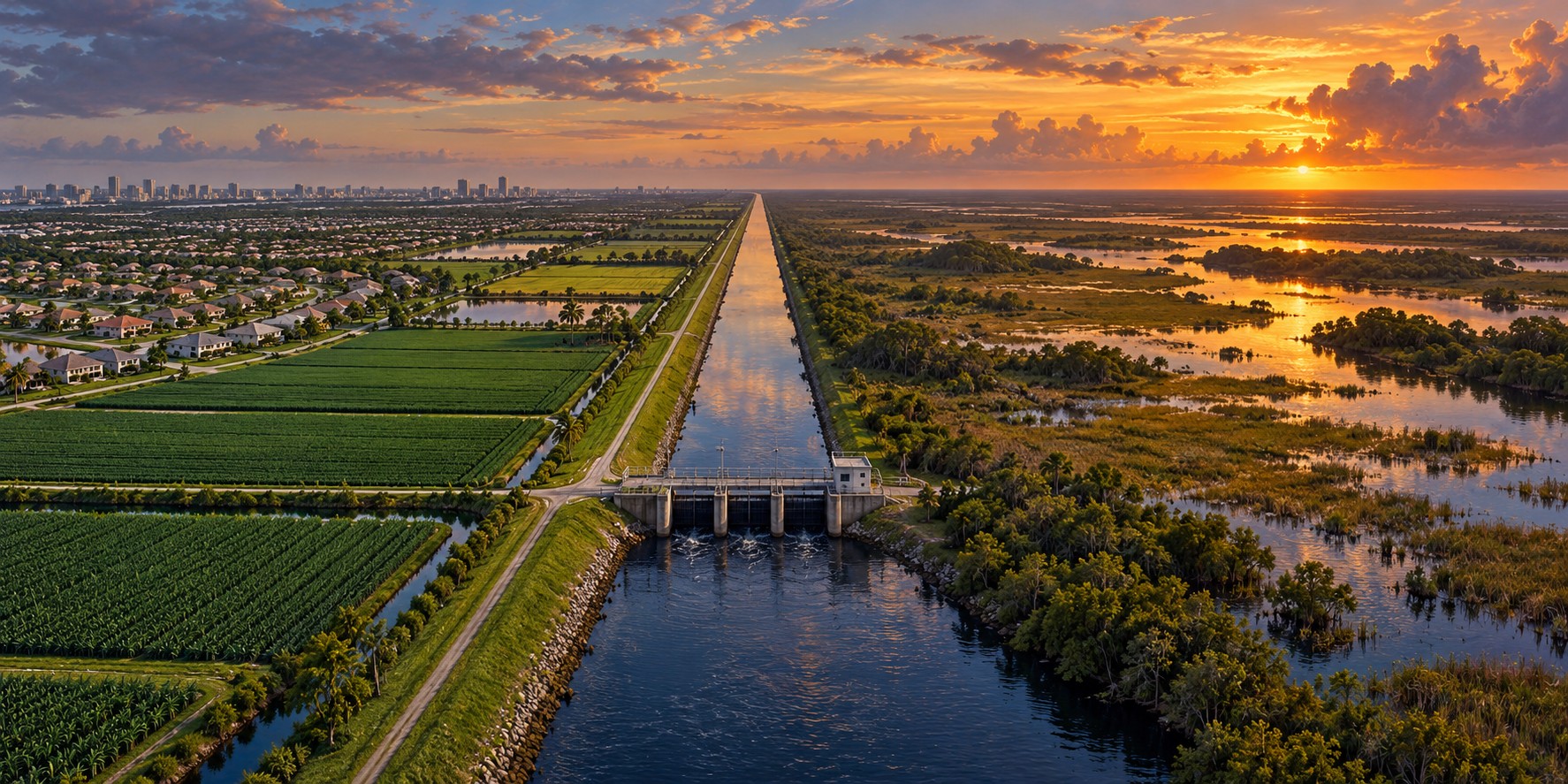 An aerial view of a straight canal and levee with green farm fields and suburban rooftops on one side and open sawgrass marsh on the other.