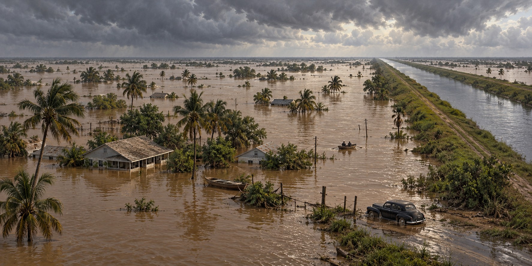 Wide sheet of floodwater across a 1940s South Florida neighborhood, rooftops and palms above the water, a canal and levee in the distance.