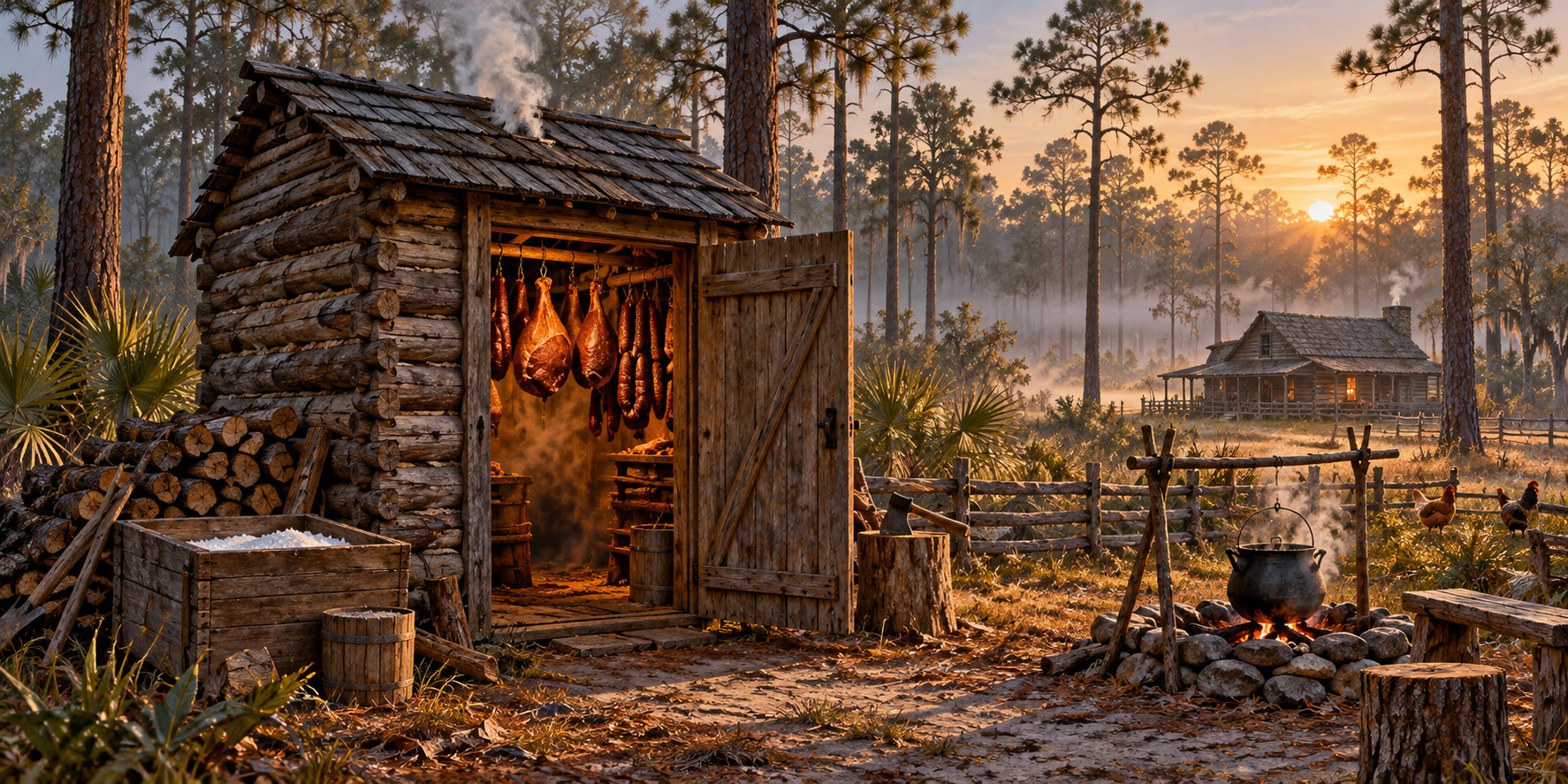 A small dark log smokehouse in a Florida clearing, its door open on hanging hams and drifting smoke, with a salt box and a hickory woodpile beside it.