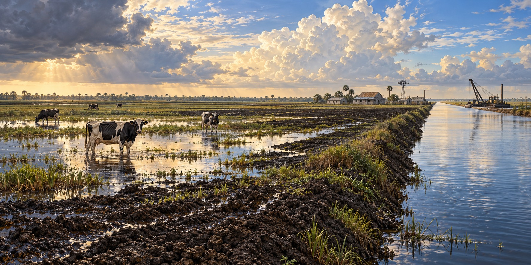 Dark muck-soil fields beside a straight canal with a row of farm buildings, a few cattle standing in shallow water and a bright sky clearing behind.