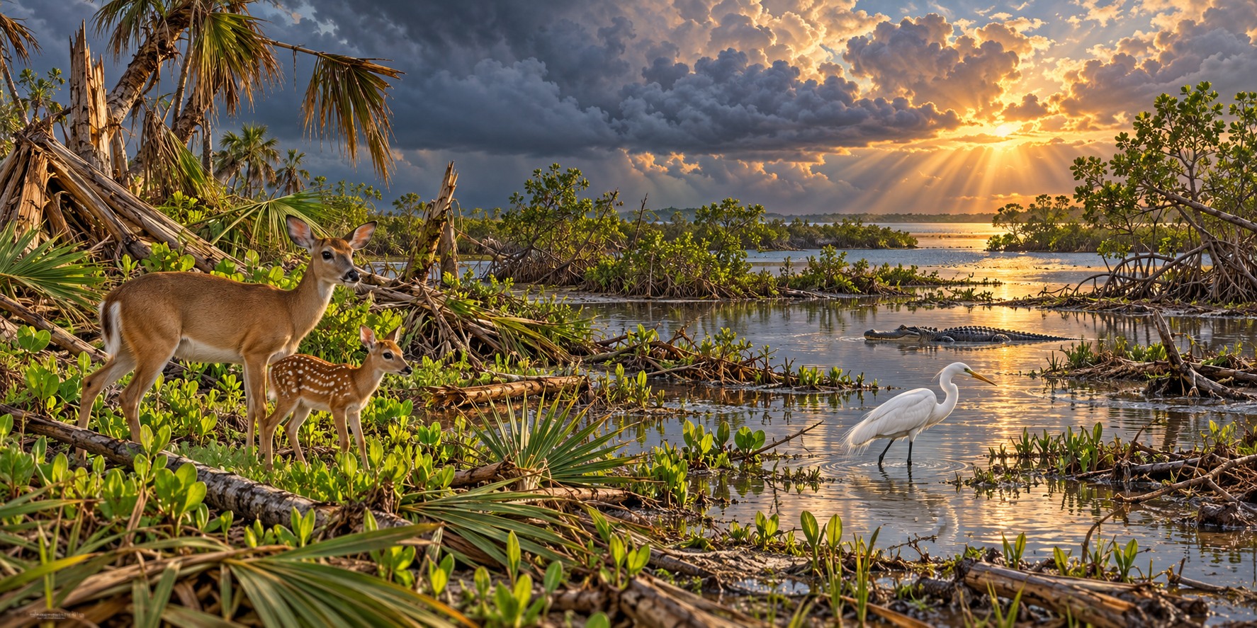 A small Key deer and fawn on green regrowth in the foreground, a heron wading in a shallow pool and an alligator in the water beyond, storm clouds breaking overhead.