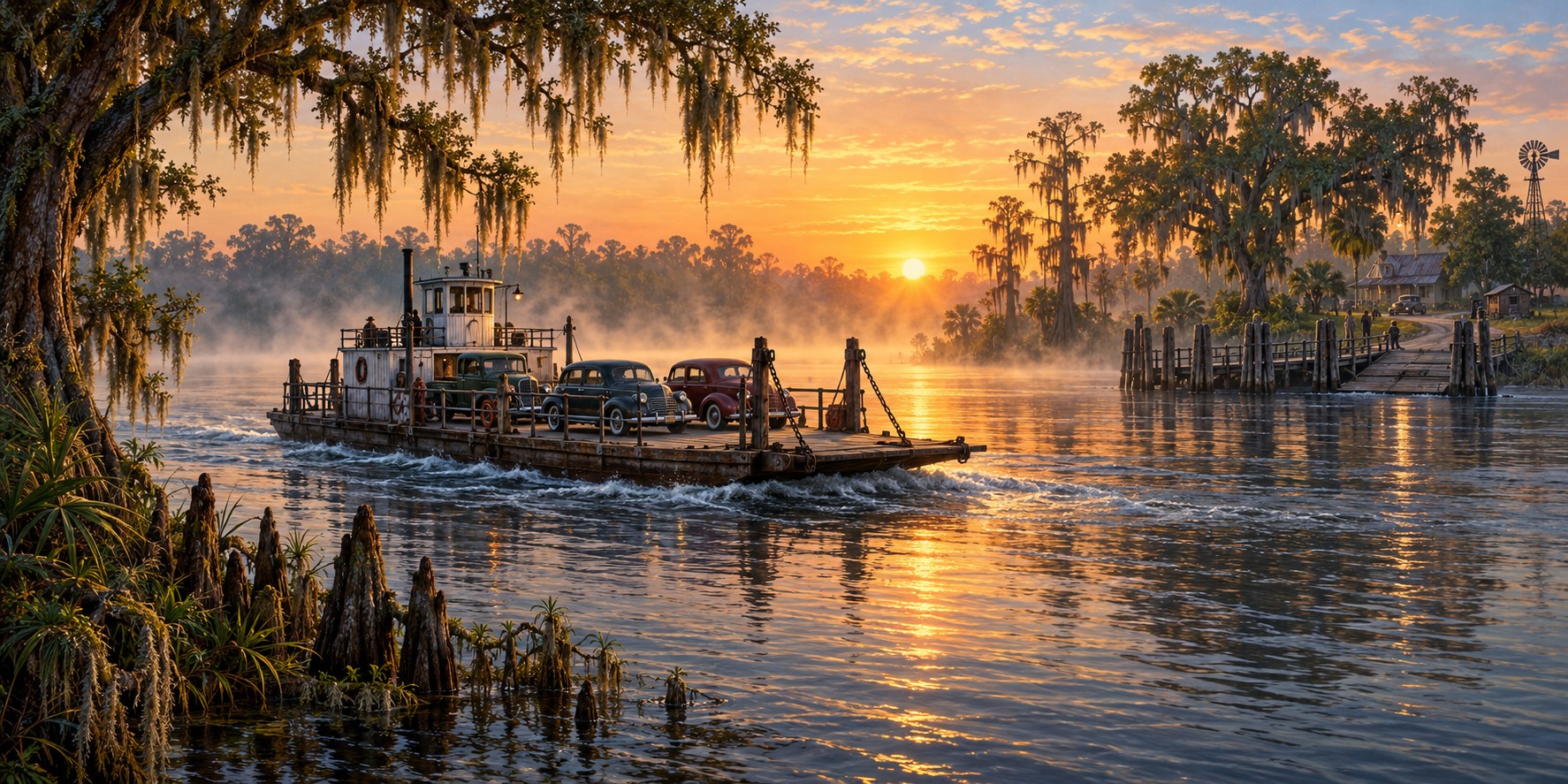 A small flat-decked car ferry with a few vintage cars crossing a broad river lined with cypress and live oaks in pale morning light.