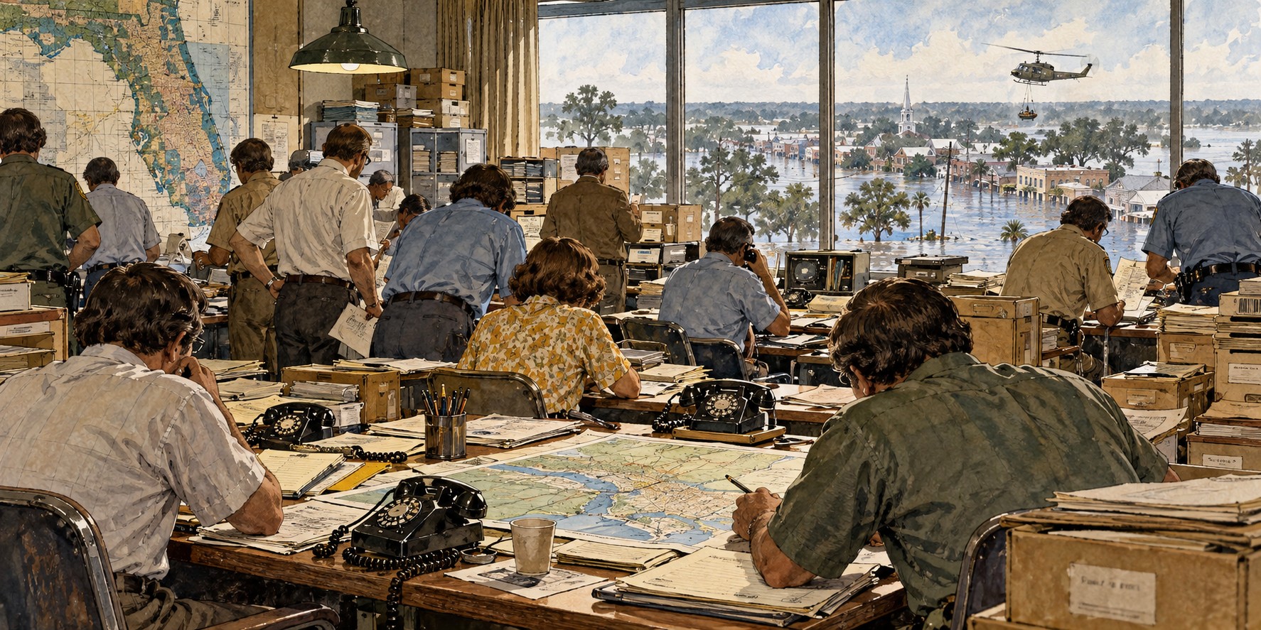 Disaster response workers in 1970s clothing gathered around a map table, with a flooded town visible through a window.